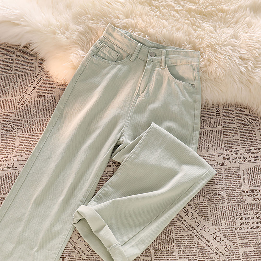 Light Green Women&s Denim Pants Fashion Loose Casual Wide Leg Trousers High Waist Straight Female Mopping Trousers J